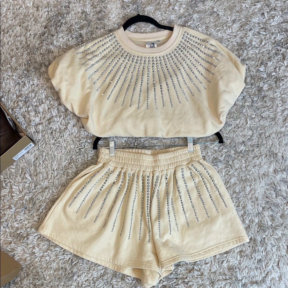 QUEEN OF SPARKLES Beige rhinestone 2pc short set